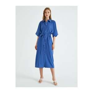 Koton Women's Navy Blue Shirt Collar Dress Belted