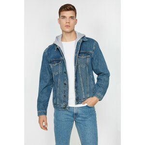 Koton Men's Blue Hooded Pocket Detailed Button Detailed Jean Jacket