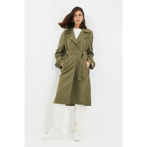 Trendyol Khaki Long Trench Coat with a Belt and Slits and Button Detailed