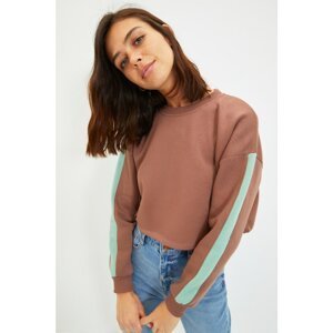 Trendyol Brown Stripe Detailed Raised Crop Thick Knitted Sweatshirt