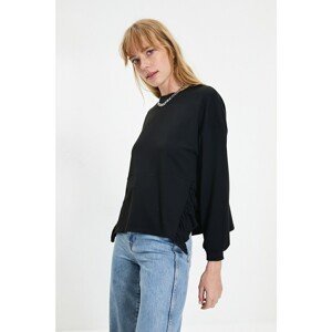 Trendyol Black Ruffle Detailed Basic Knitted Slim Sweatshirt