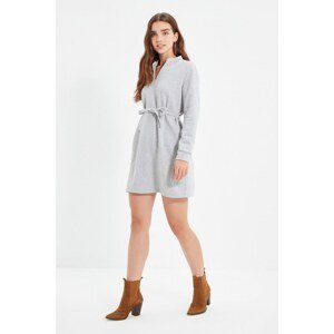 Trendyol Gray Judge Collar Sash Detailed Rack Knitted Dress