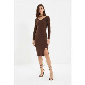 Trendyol Dark Brown Slit Detailed Knitted Dress