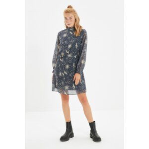 Trendyol Anthracite Belted Patterned Stand Collar Dress