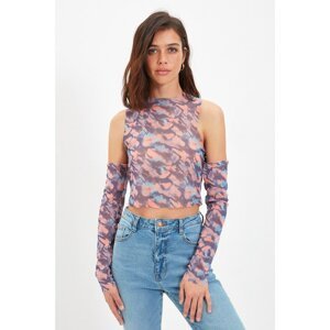 Trendyol Multi Colored Tulle Crop Printed Knitted Blouse