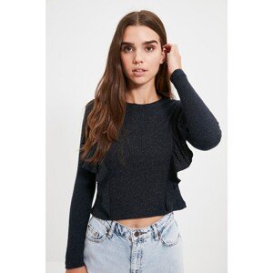Trendyol Navy Blue Knitted Blouse With Frill Shoulders Sweater Look