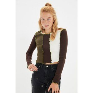 Trendyol Brown Crop Fitted Color Block Knitted Blouse
