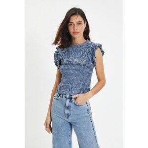 Trendyol Blue Crop Frilly Knitwear Blouse