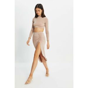 Trendyol Mink Ruffle Detailed Knitted Bottom-Top Set