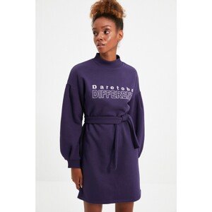 Trendyol Purple Printed Lacing Detail Stand Up Collar Knitted Dress