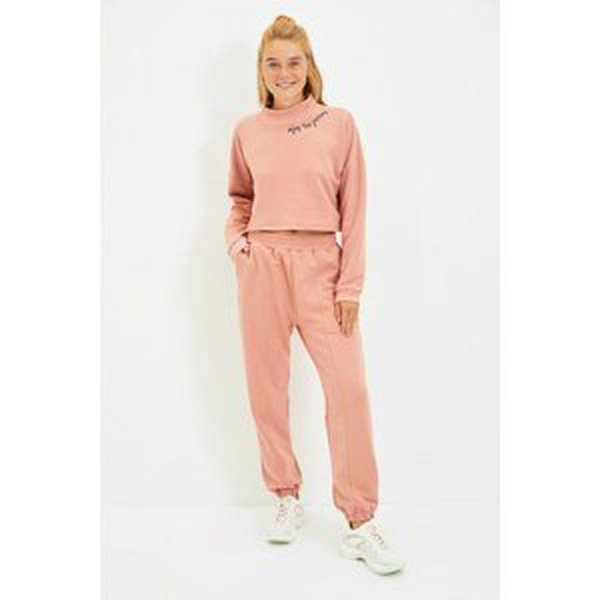 Trendyol Dried Rose High Collar Embroidery Detailed Crop Knitted Tracksuit Set