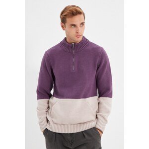 Trendyol Purple Men's Regular Zippered Half Fisherman Color Block Kangaroo Pocket Sweater