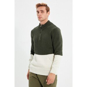Trendyol Khaki Men Regular Zippered Half Fisherman Color Block Kangaroo Pocket Sweater
