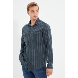 Trendyol Navy Blue Men's Regular Fit Double Pocket Covered Striped Denim Shirt