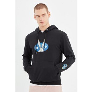 Trendyol Black Licensed Men's Bugs Bunny Printed Regular Fit Hoodie Sweatshirt