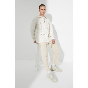 Trendyol Beige Men's Oversize Shirt Collar Half-Pleated Long Sleeve Multi-Pocket PU Jacket