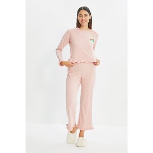 Trendyol Salmon Embroidered Knitted Pajamas Set