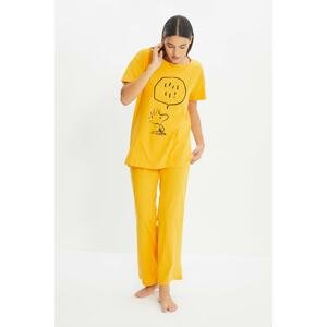 Trendyol Mustard Printed Knitted Pajamas Set