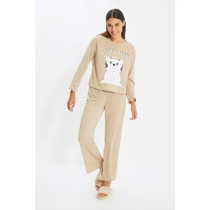Trendyol Camel Printed Knitted Pajamas Set