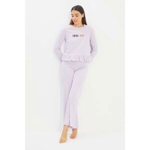 Trendyol Lilac Slogan Embroidered Knitted Pajamas Set