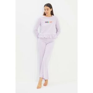 Trendyol Lilac Slogan Embroidered Knitted Pajamas Set