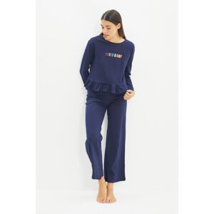 Trendyol Navy Blue Slogan Embroidered Knitted Pajamas Set