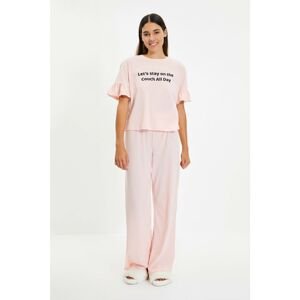 Trendyol Powder Printed Lace Ruffle Detailed Knitted Pajamas Set