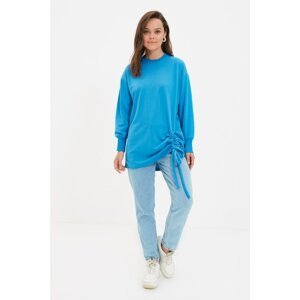 Trendyol Blue Crew Neck Hemline Pleated Knitted Sweatshirt