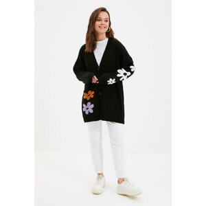 Trendyol Black V Neck Closed Embroidered Knitwear Cardigan