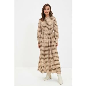 Trendyol Mustard Crew Neck Printed Elastic Waist Dress