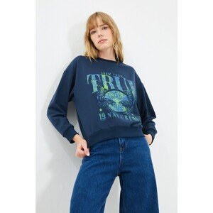 Trendyol Navy Blue Printed Loose Knitted Sweatshirt