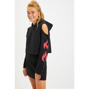 Trendyol Black Printed Cut Out Detailed Thick Crop Hoodie Knitted Sweatshirt