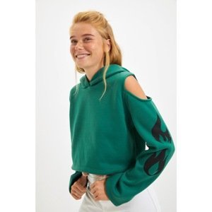 Trendyol Green Printed Cut Out Detailed Thick Crop Hoodie Knitted Sweatshirt