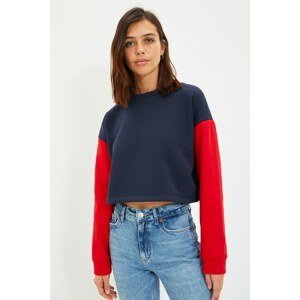 Trendyol Navy Blue Color Block Crop Thick Knitted Sweatshirt