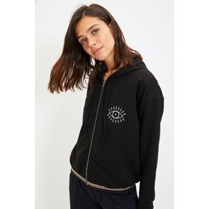 Trendyol Black Zipper Basic Embroidered Knitted Sweatshirt
