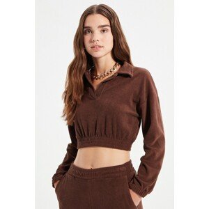 Trendyol Brown Polo Collar Crop Knitted Sweatshirt