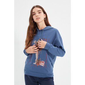Trendyol Indigo Printed Boyfriend Hooded Knitted Sweatshirt