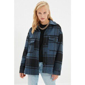 Trendyol Navy Blue Plaid Patterned Button Closure Cachet Coat