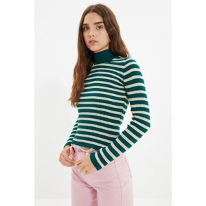 Trendyol Emerald Green Striped Stand Up Collar Knitwear Pullover Sweater