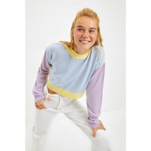 Trendyol Light Blue Color Block Crop Knitwear Sweater