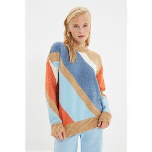 Trendyol Camel Oversize Crew Neck Color Block Knitwear Sweater