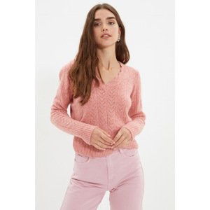 Trendyol Dried Rose V-Neck Openwork Knitwear Sweater