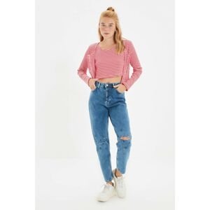 Trendyol Blue Printed Ripped Detailed High Waist Mom Jeans