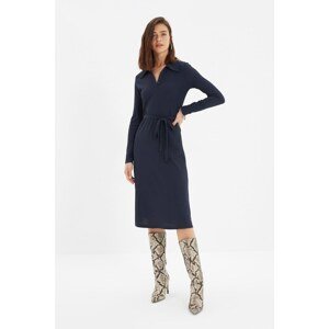 Trendyol Navy Blue Polo Neck Crepe Maxi Knitted Dress