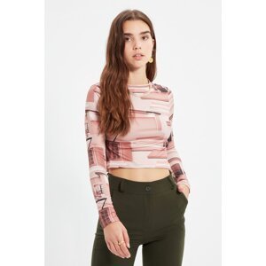 Trendyol Brown Stand Up Collar Zippered Crop Knitted Blouse