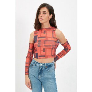 Trendyol Tile Tulle Crop Printed Knitted Blouse