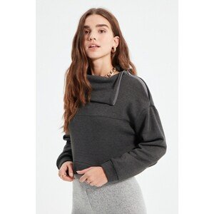 Trendyol Anthracite Zipper Detail Stand Up Collar Raised Crop Knitted Thick Sweatshirt