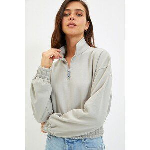 Trendyol Gray Zipper Stand-Up Collar Crop Raised Knitted Sweatshirt