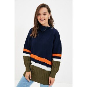 Trendyol Navy Blue Turtleneck Side Zipper Color Block Knitwear Sweater