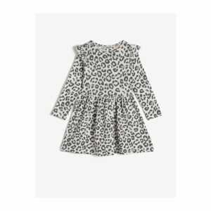 Koton Girl's Gray Leopard Patterned Long Sleeve Crew Neck Dress